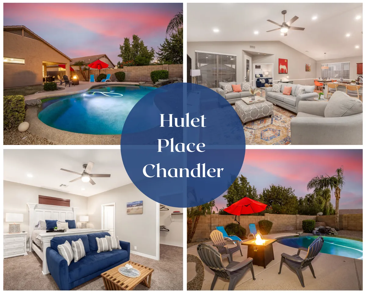 The hero image showcases a sparkling heated swimming pool surrounded by comfortable outdoor seating, lush green grass, and softly glowing lights, all set against a beautiful Chandler sunset. The inviting backyard hints at seamless indoor-outdoor living, with glimpses of the cozy living room and bedrooms through large windows.